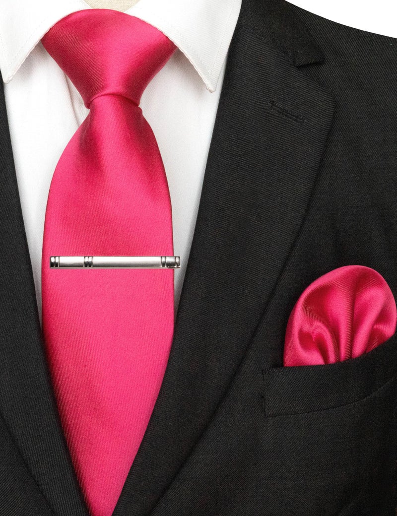 JEMYGINS Mens Formal Hot Pink Neck Tie and Pocket Square, Hankerchief and Tie Bar Clip Sets (4) - Image 2